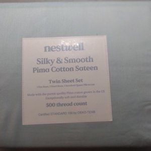 NEW Nestwell Silky & Smooth Pima Cotton Sateen Twin Sheet Set Starlight Blue